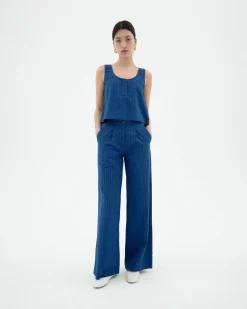 Blaue wide leg Seersucker Hose Manolita