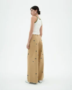 Kamelbraune wide leg handbestickter Hose Hedda